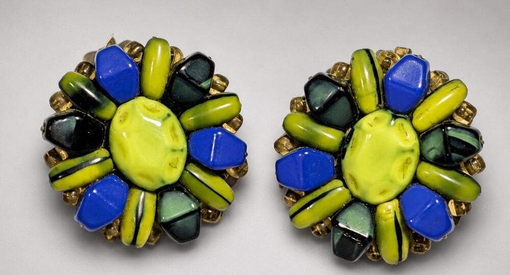 Vintage Art Glass Clip-on Earrings Blue‎ Green 1" Germany Gold-tone bc64